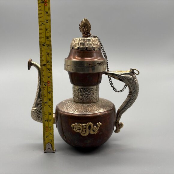 Vintage Tibetan Copper And Brass Teapot With Dragon Motif And Ornate Sculpted - Picture 8 of 8